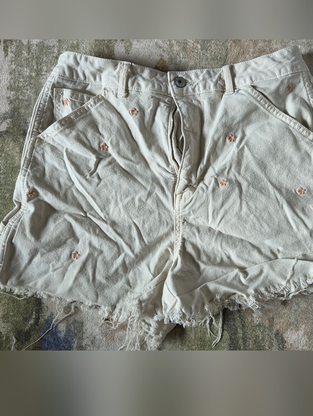 American Eagle Outfitters Cream Denim Shorts with Pink Embroidery